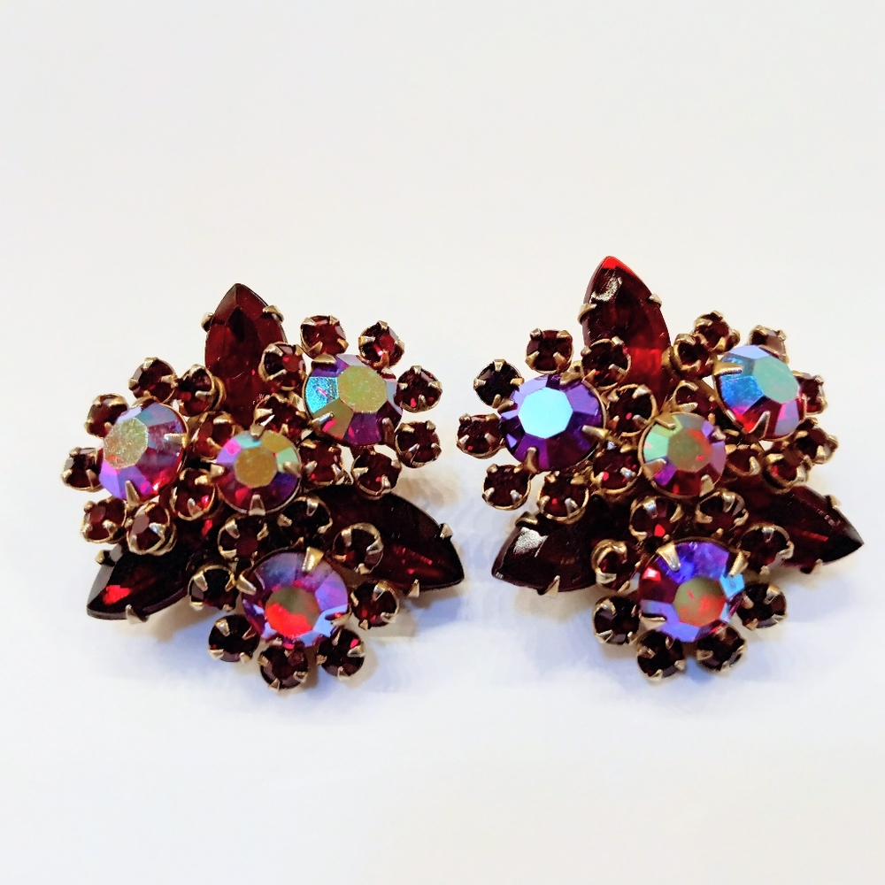 Vintage Sparkling Red Pink AB Rhinestone Clip Earrings - Picture 4 of 5